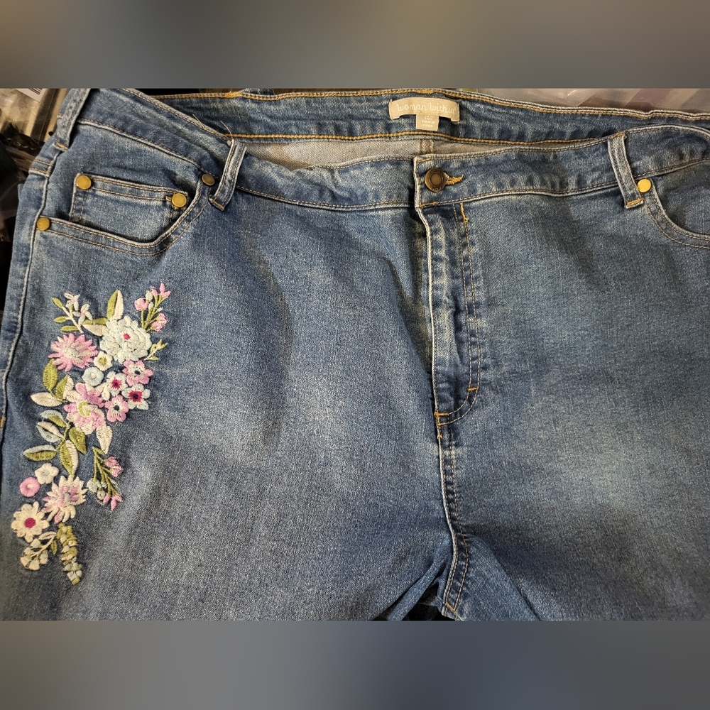 Woman Within Blue Jeans with Floral Embroidery sz 24wl #865